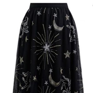 MYSTERIOUS NIGHT MOON AND STAR EMBROIDERED MESH TULLE SKIRT IN Black